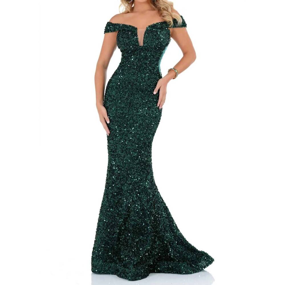 NEW CECILIA COUTURE fully sequined off-shoulder fitted mermaid gown in emerald